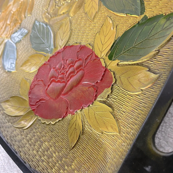 Vintage Nasco Lacquerware Textured Peony Serving Tray - Picture 6 of 13